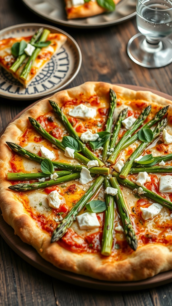 Asparagus pizza with goat cheese on a rustic table, garnished with basil.